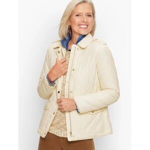 Talbots Jacket Womens Sz L Ivory Quilted Barn Cream Snap Front Field Coat